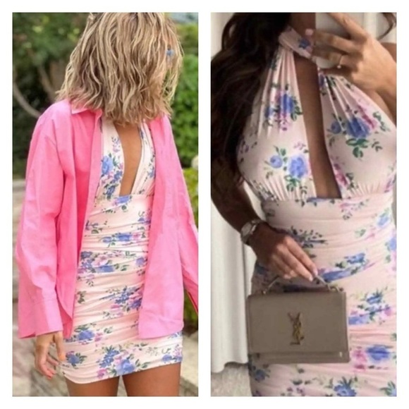 ZARA Light Pink Floral Halter Neck Open Back Ruched Bodycon Mini Dress Medium - Picture 7 of 14